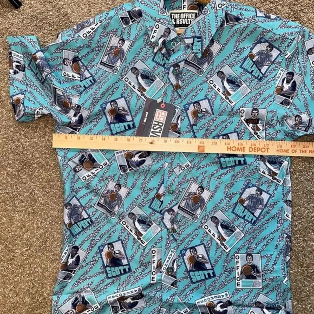 NWT RSVLTS Shirt Mens‎ S The Office Blue Short Sleeve Button Up Basketball Card